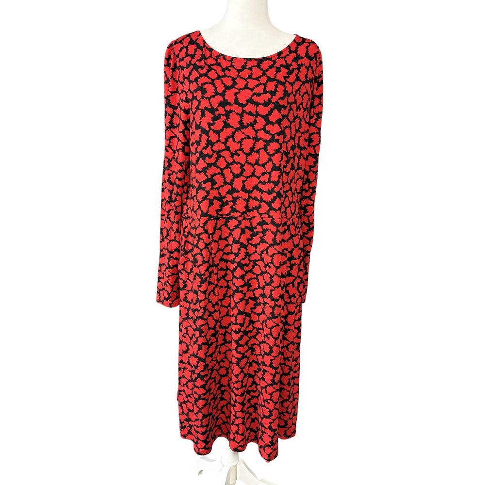 Boden Dress Womens 12 Red Black Floral Print Long‎ Sleeve Jersey Midi Pockets
